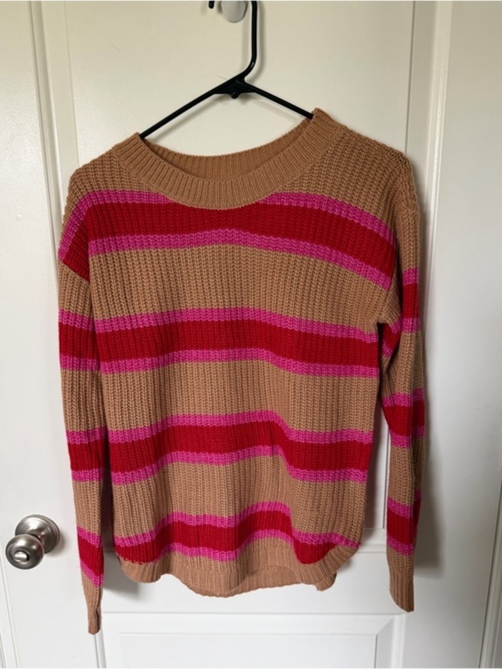 SO Striped Shaker Stitch Sweater - Tan with Pink & Red Stripes - Small